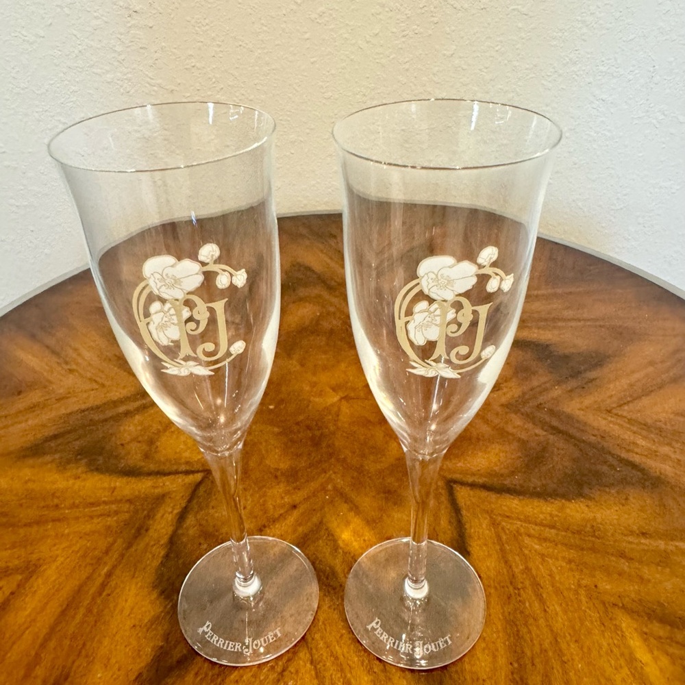 2 Perrier Jouet Hand Painted Crystal Champagne Flutes 8” Made in France